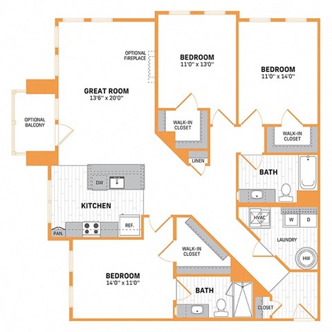 Floor plan for 3 beds, 2 baths, 1556 sqft